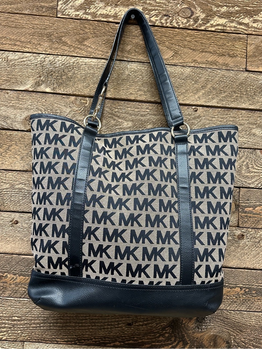 Michael Kors Black and Beige MK Logo Canvas Shoulder Tote